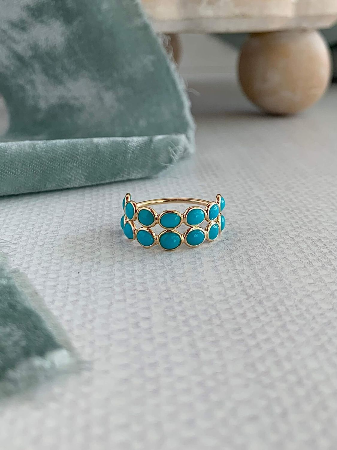 Double Row Turquoise 14k Yellow Gold Ring