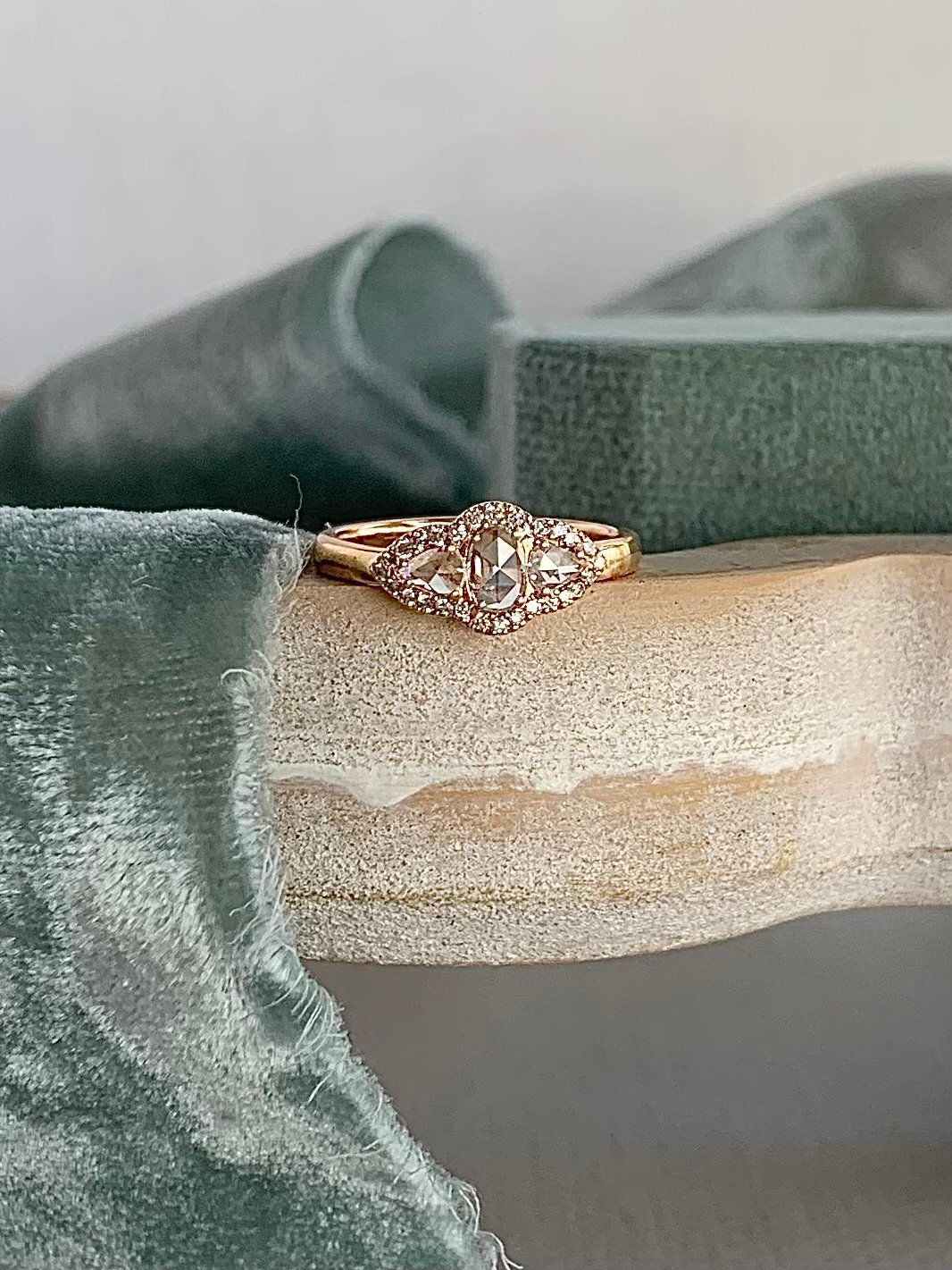 Daphne 18k Rose Gold 3 Rose Cut Diamond Halo Engagement Ring