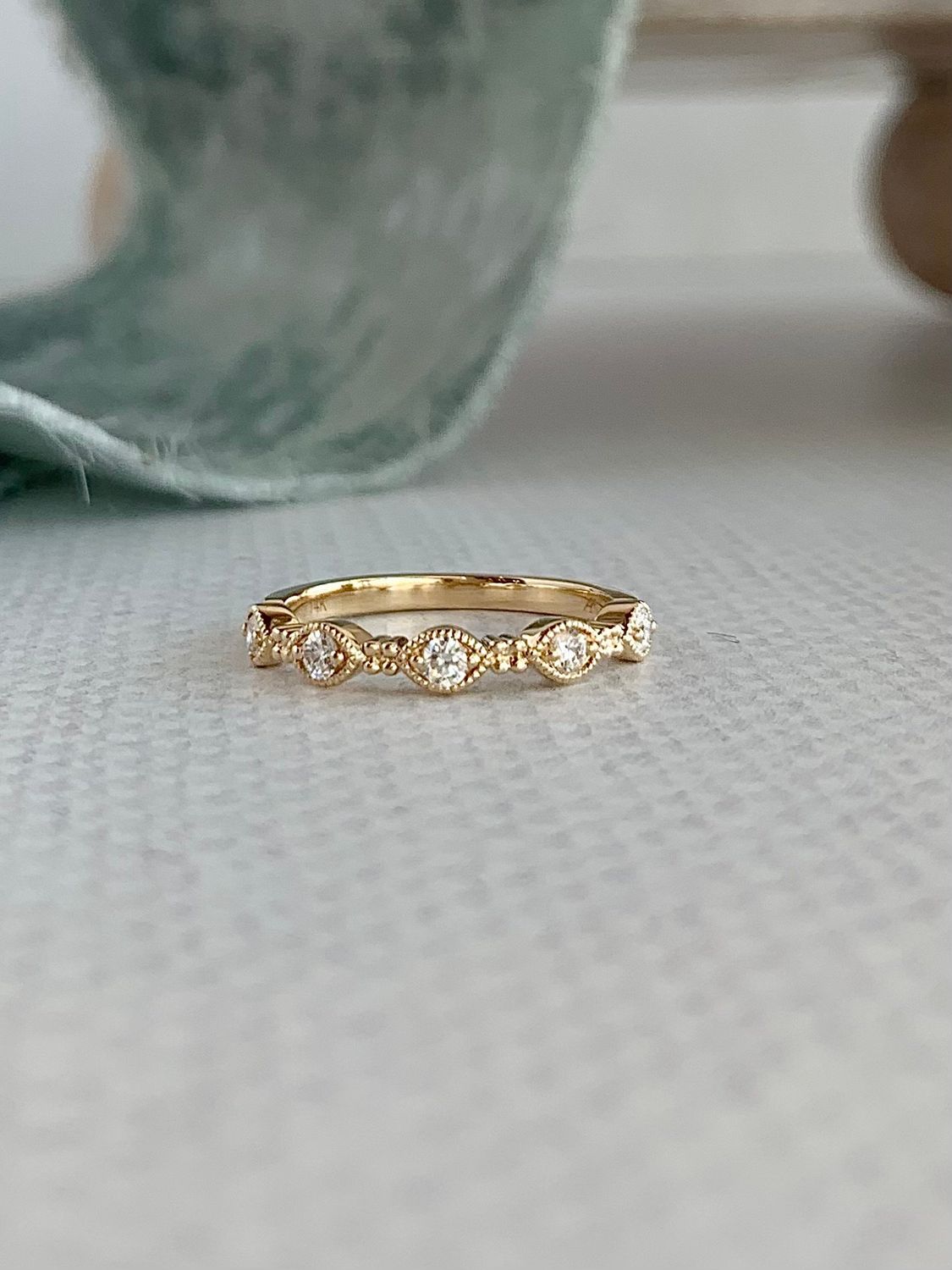 Vintage Inspired Diamond Milgrain 14k Yellow Gold Band