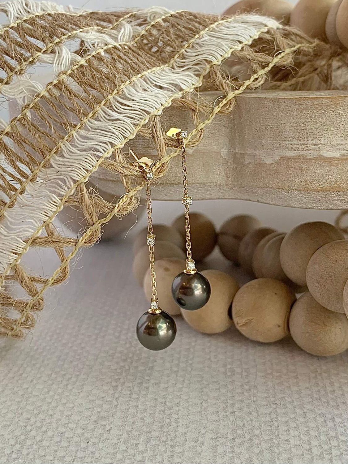 Tahitian Black Pearl & Diamond 14k Yellow Gold Earrings