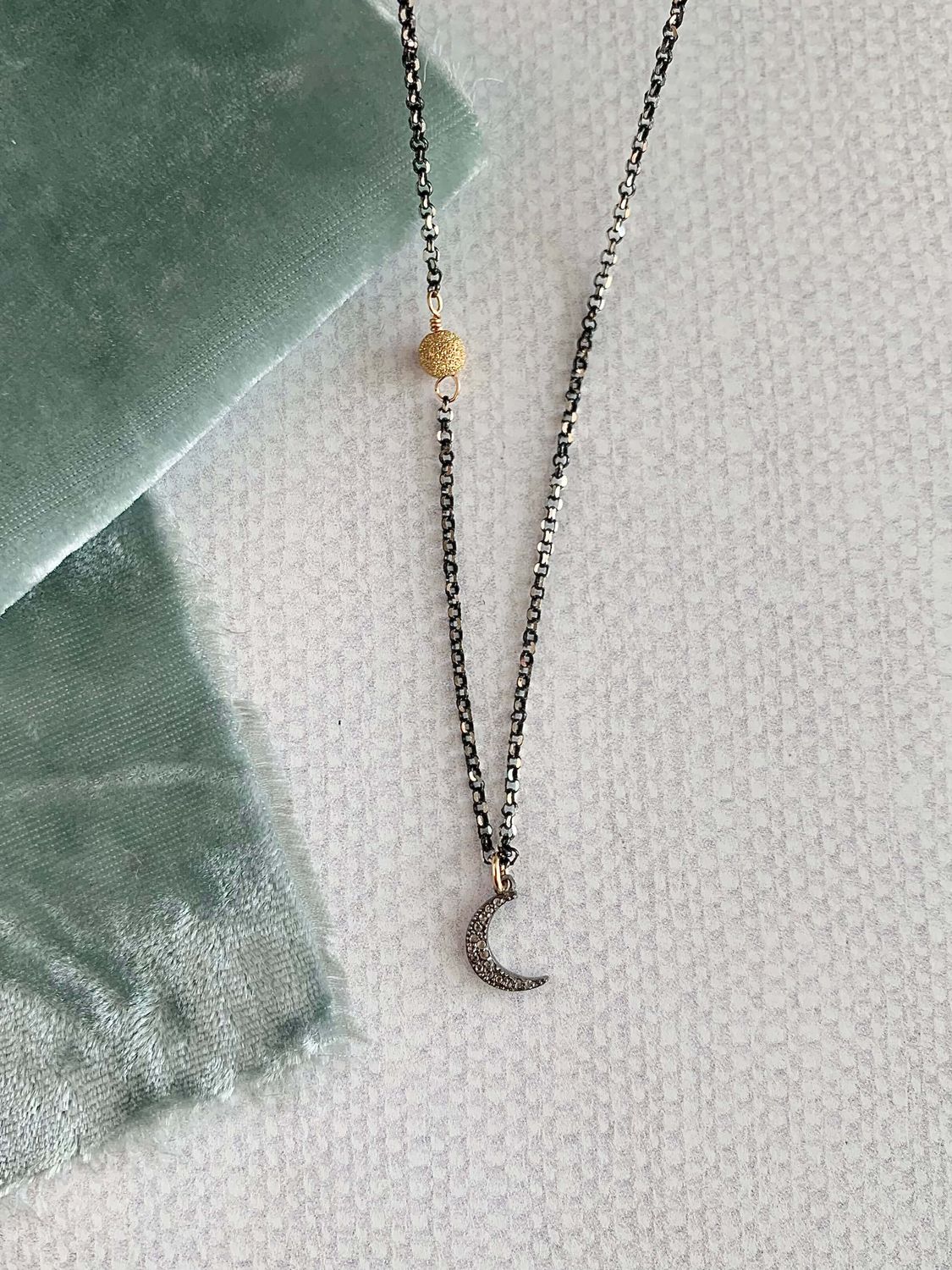 Dark Rhodium Diamond Crescent Moon Mixed Metal Necklace
