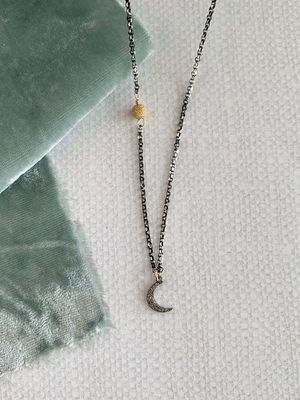 Dark Rhodium Diamond Crescent Moon Mixed Metal Necklace