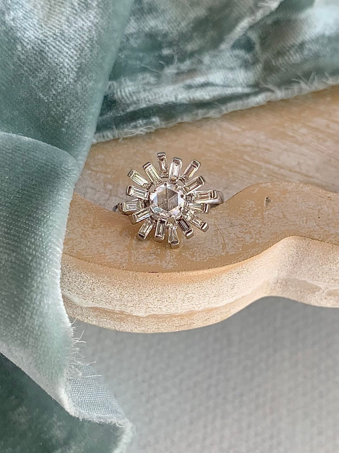 Capella Rose Cut Diamond Center with Baguette Star Flair 18k White Gold Engagement Ring
