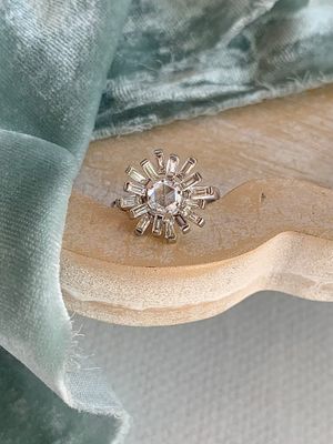 Capella Rose Cut Diamond Center with Baguette Star Flair 18k White Gold Engagement Ring