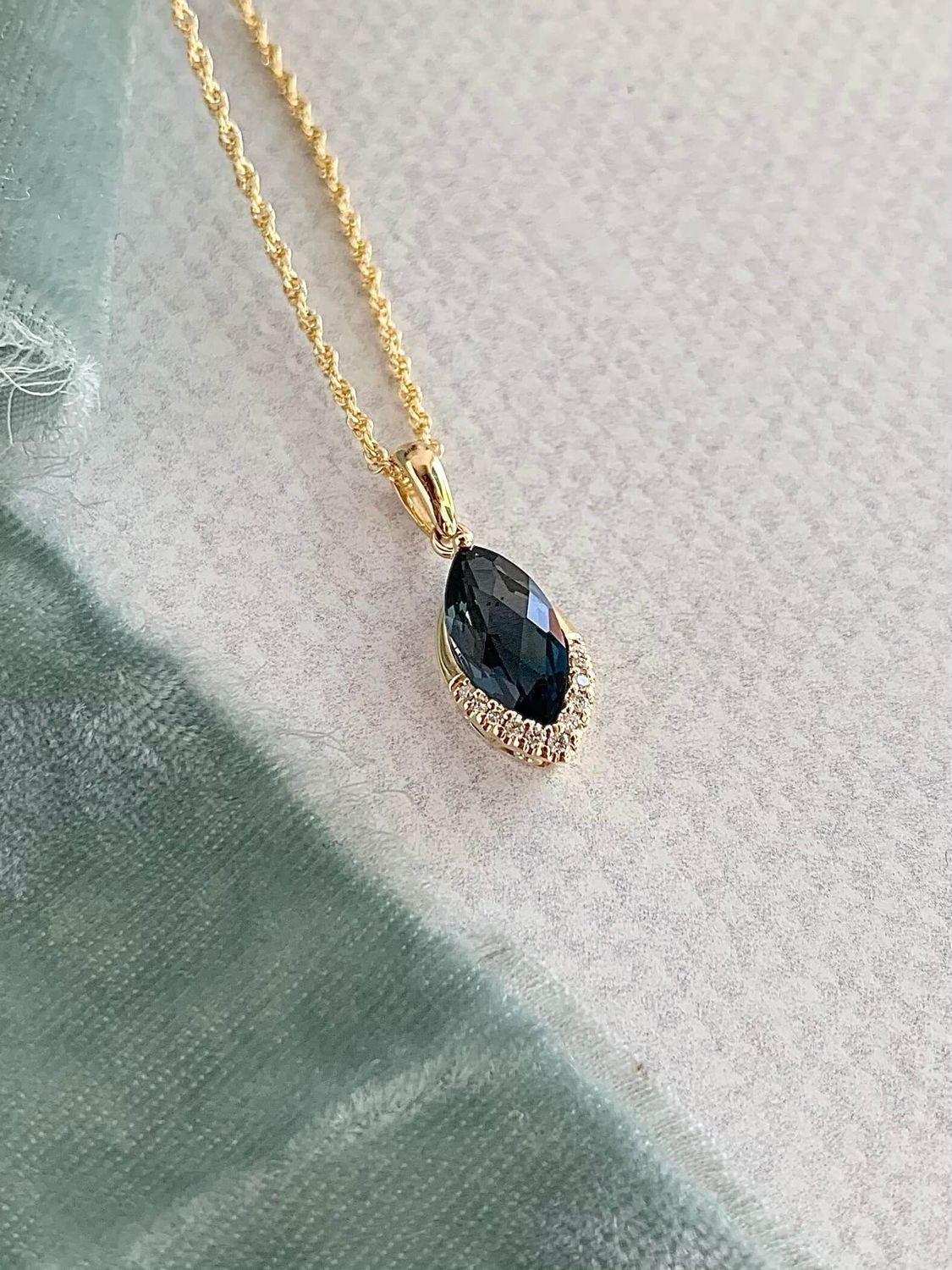 Marquise London Blue Topaz Diamond 14k Yellow Gold Necklace