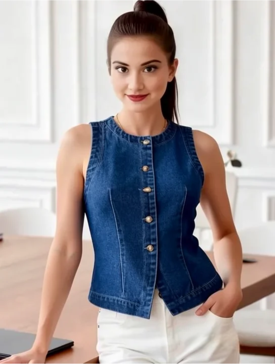 Women's Sleeveless Washed Denim Vest Top Fashion Street Style Round Neck Single Button Closure Body Shape High Street Style