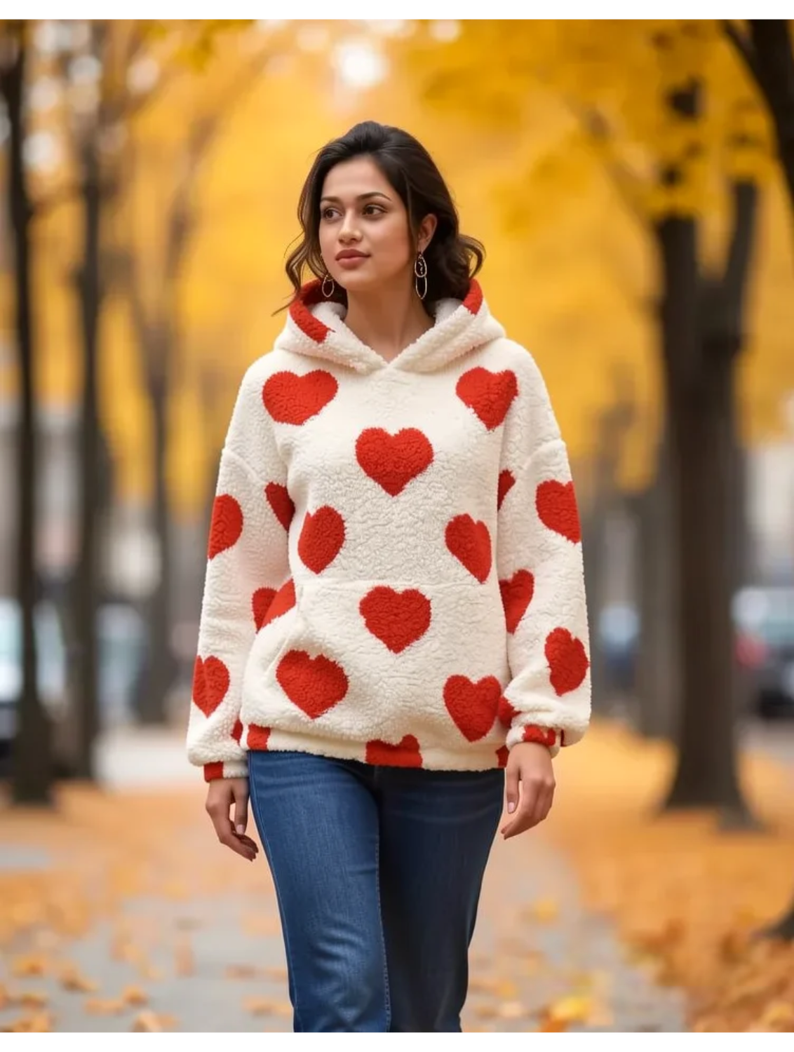 Casual Heart Shape Long Sleeve Polyester Hoodie For Women With Printing And Pullover Design