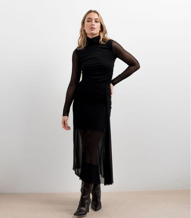 Gathered Tulle Long Skirt Black S