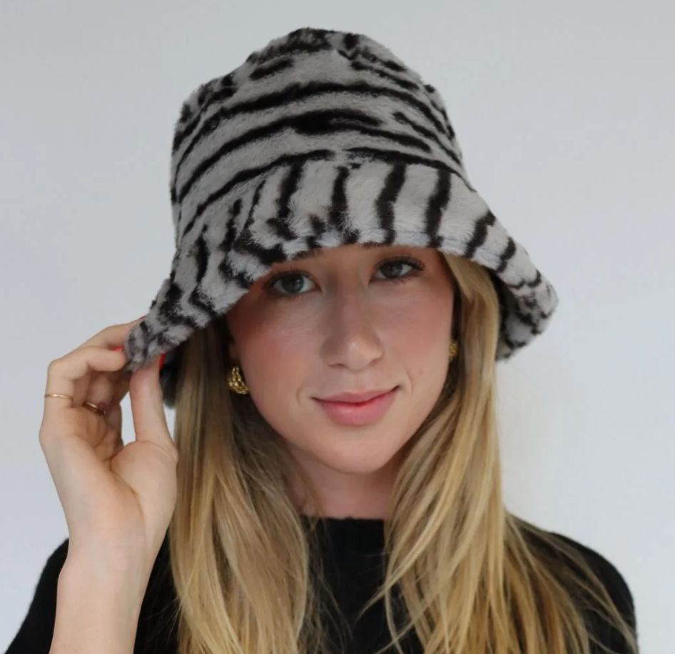 Faux Fur Bucket Hat Black Grey