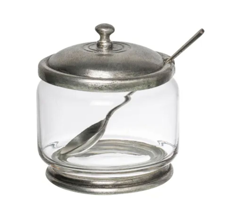 Pewter &amp; Glass Sugar Bowl w Spoon
