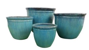 Ceramic glazed round planter w/ green rim L