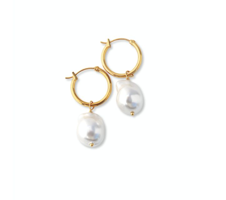 Gold Baroque Pearl Hoop Earrings