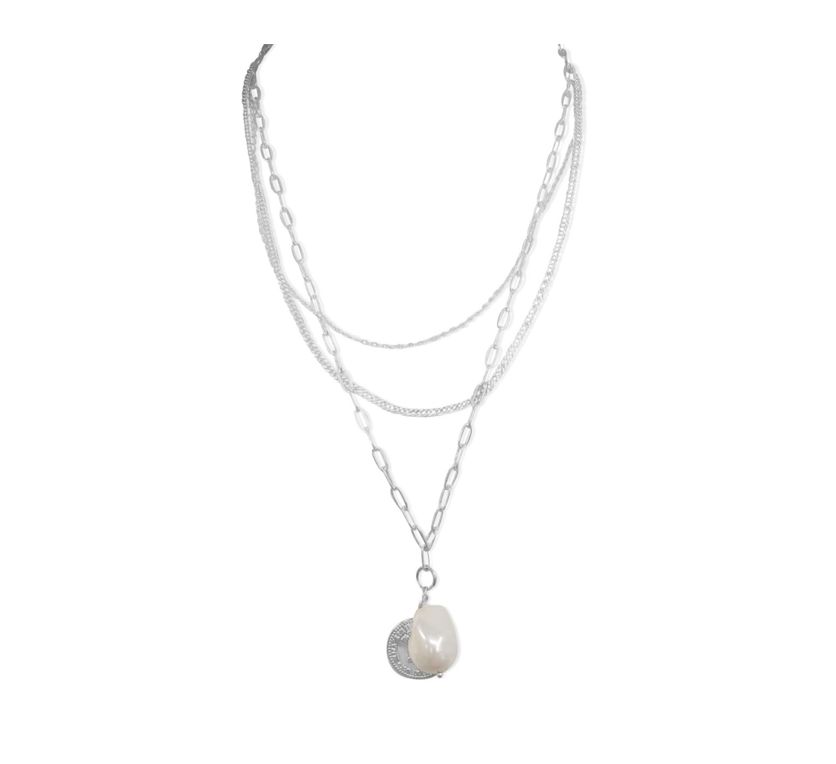 Multi Chain coin Pearl Silver Necklace