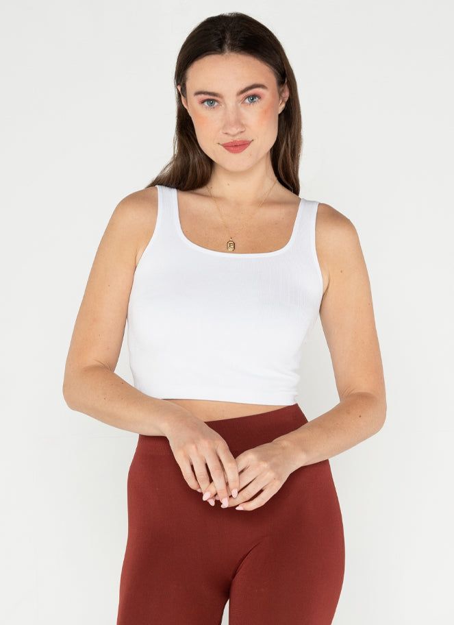 Bamboo Rib Square Neck Crop Tank, Colour: WHITE
