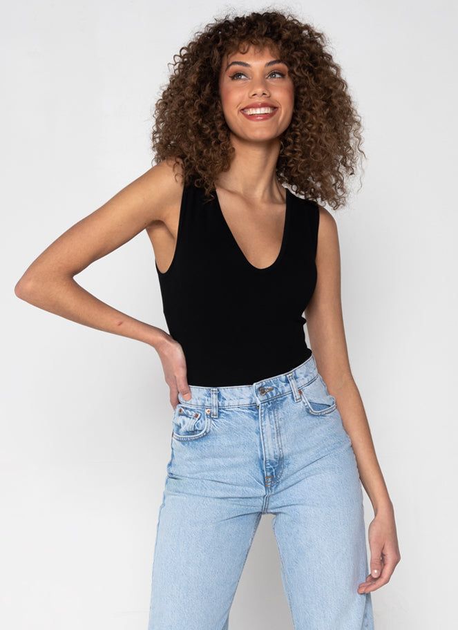 Bamboo Rib Deep V Neck Bodysuit, Colour: Black