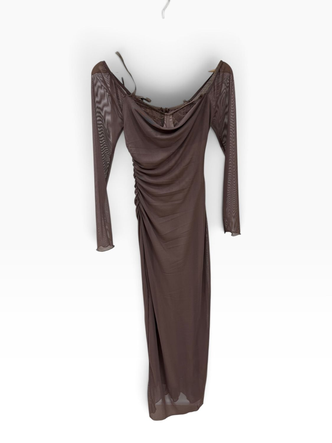 Chocolate Brown Ruched Mesh Long Sleeve Maxi Dress