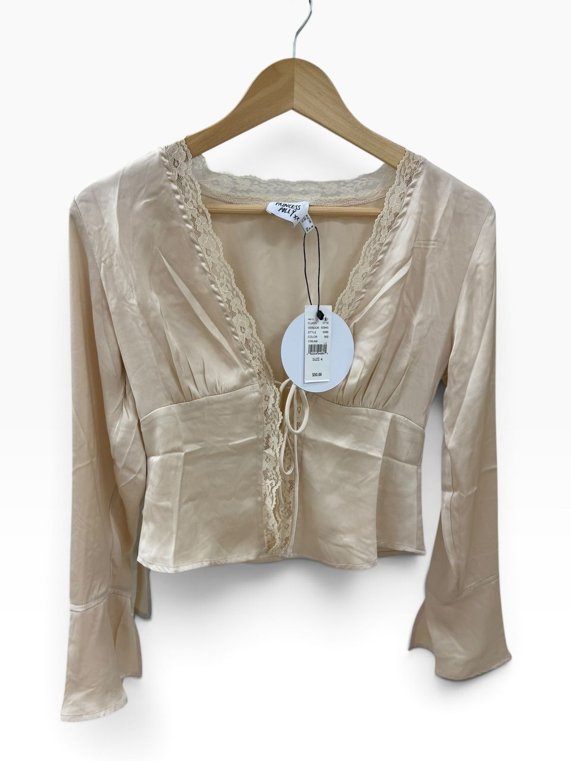 Princess Polly Champagne Satin Lace-Trim Blouse