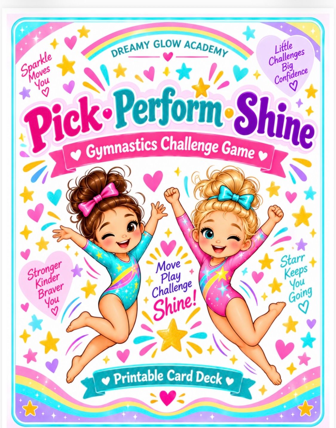 PICK, PERFORM, SHINE Series 1 Dreamy Glow Academy Gymnastics Printable Flashcards