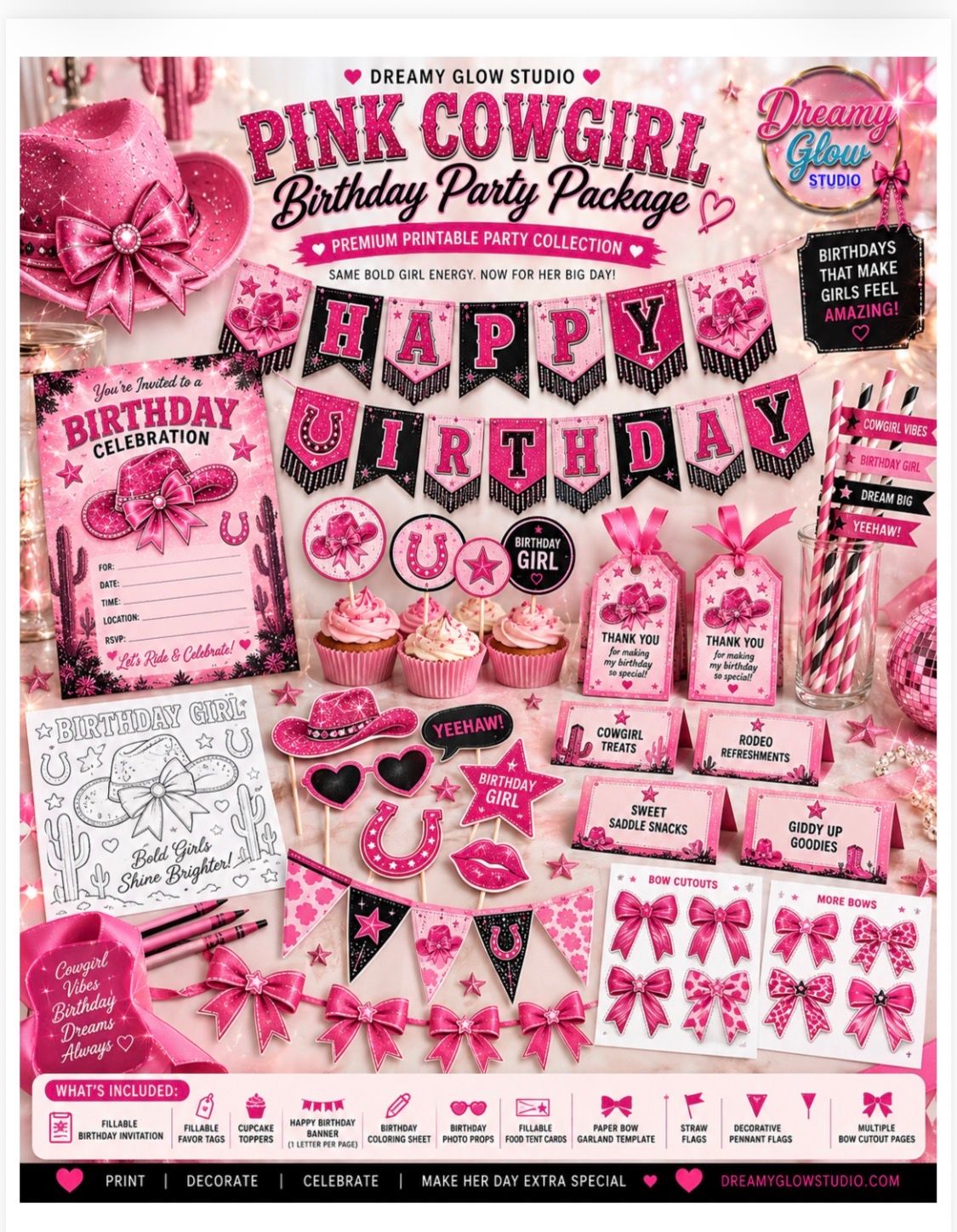 DREAMY glow PINK COWGIRL BIRTHDAY PACKAGE printable Pages