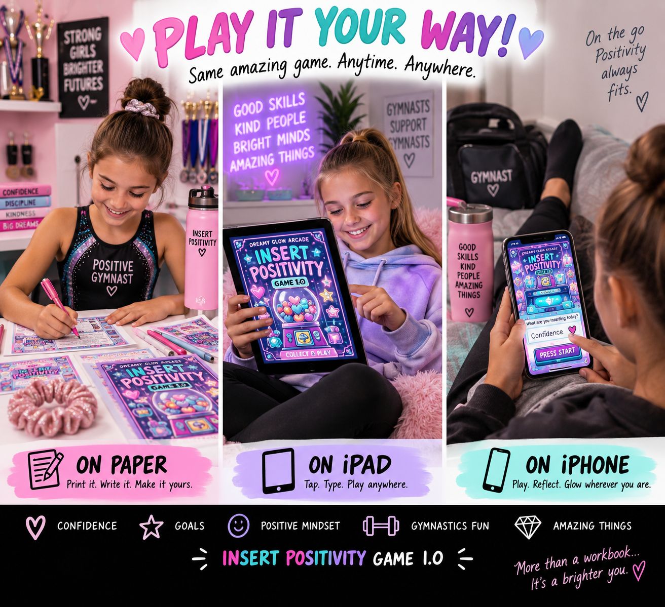 INSERT POSITIVITY — GAME 1.0 Flip • Pick • Play • Glow. -Fillable Or Printable Pages