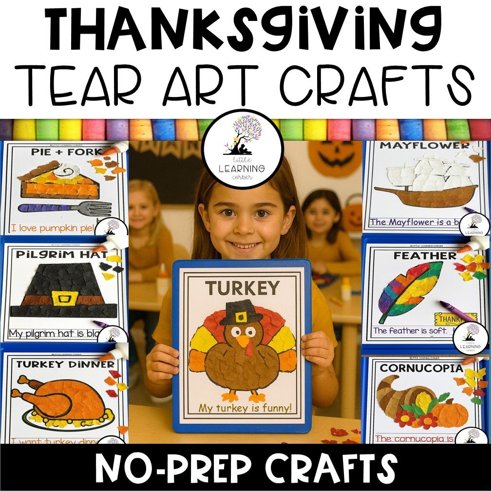 Thanksgiving Tear Art Crafts Bundle | No-Prep + FREE Turkey Printable