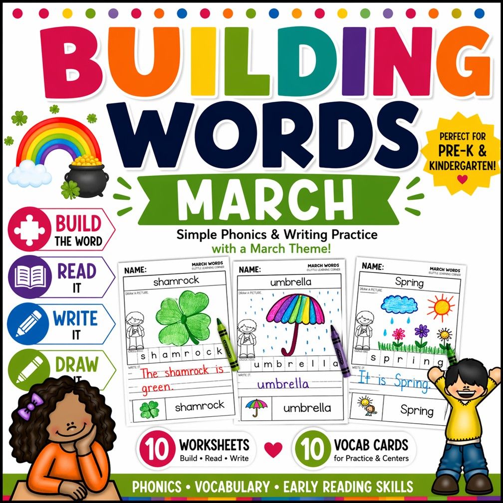 March Building Words | Spring St. Patrick's Day Weather | Vocabulary Writing Center Activity