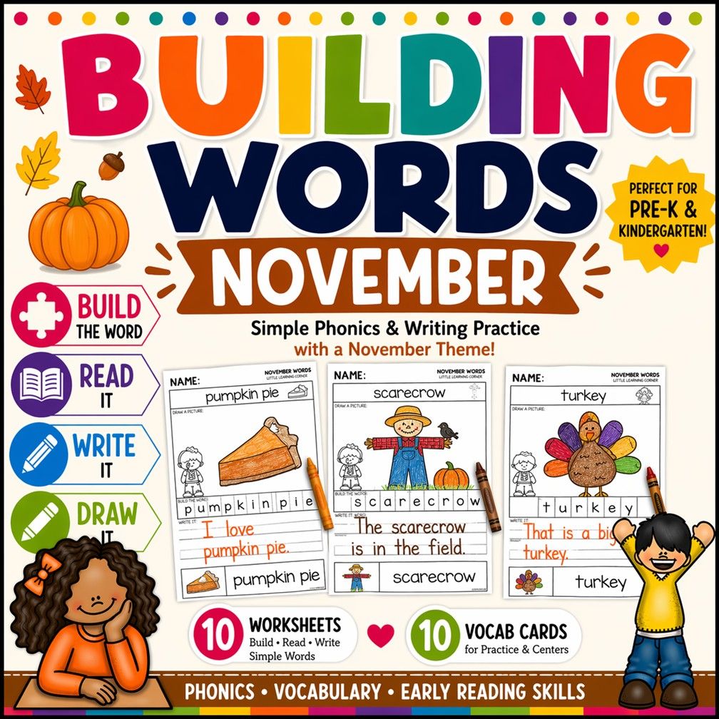 November Building Words | Thanksgiving Fall Vocabulary Writing Center Activity