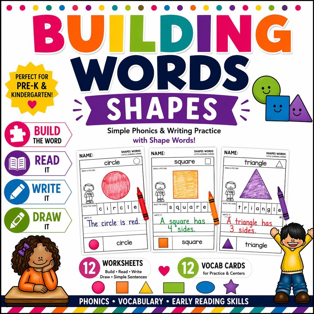 Shapes Building Words | Math Vocabulary 2D Shape Writing Center | Pre-K Kindergarten