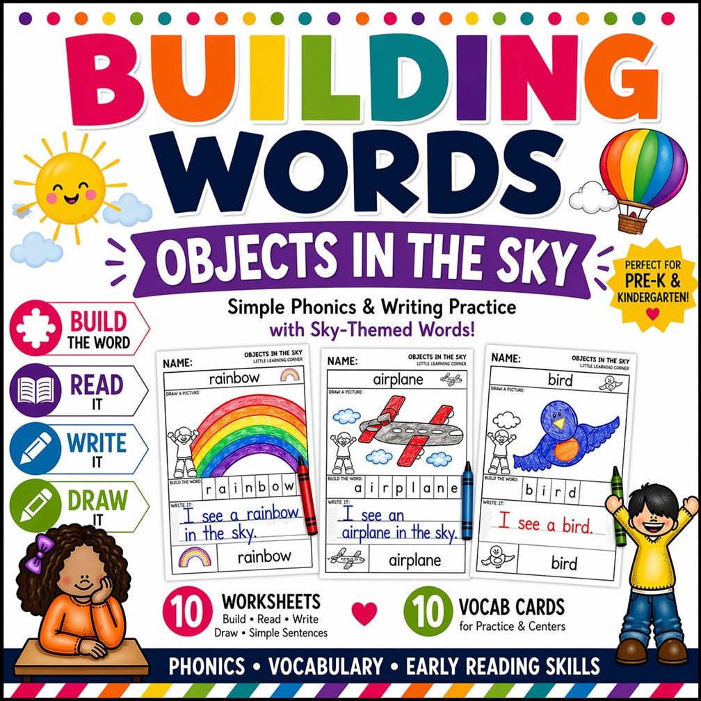 Objects in the Sky Building Words | Vocabulary Writing Center Activity | Kindergarten Pre-K