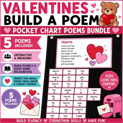 Valentines Day Pocket Chart Poems | Build a Poems Literacy Centers for Kindergarten