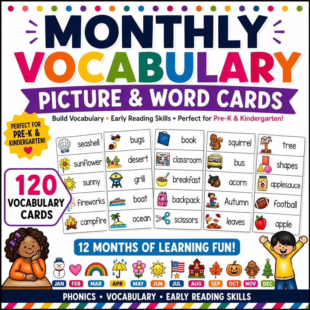 Monthly Word Cards with Pictures | Vocabulary Writing Center Word Wall