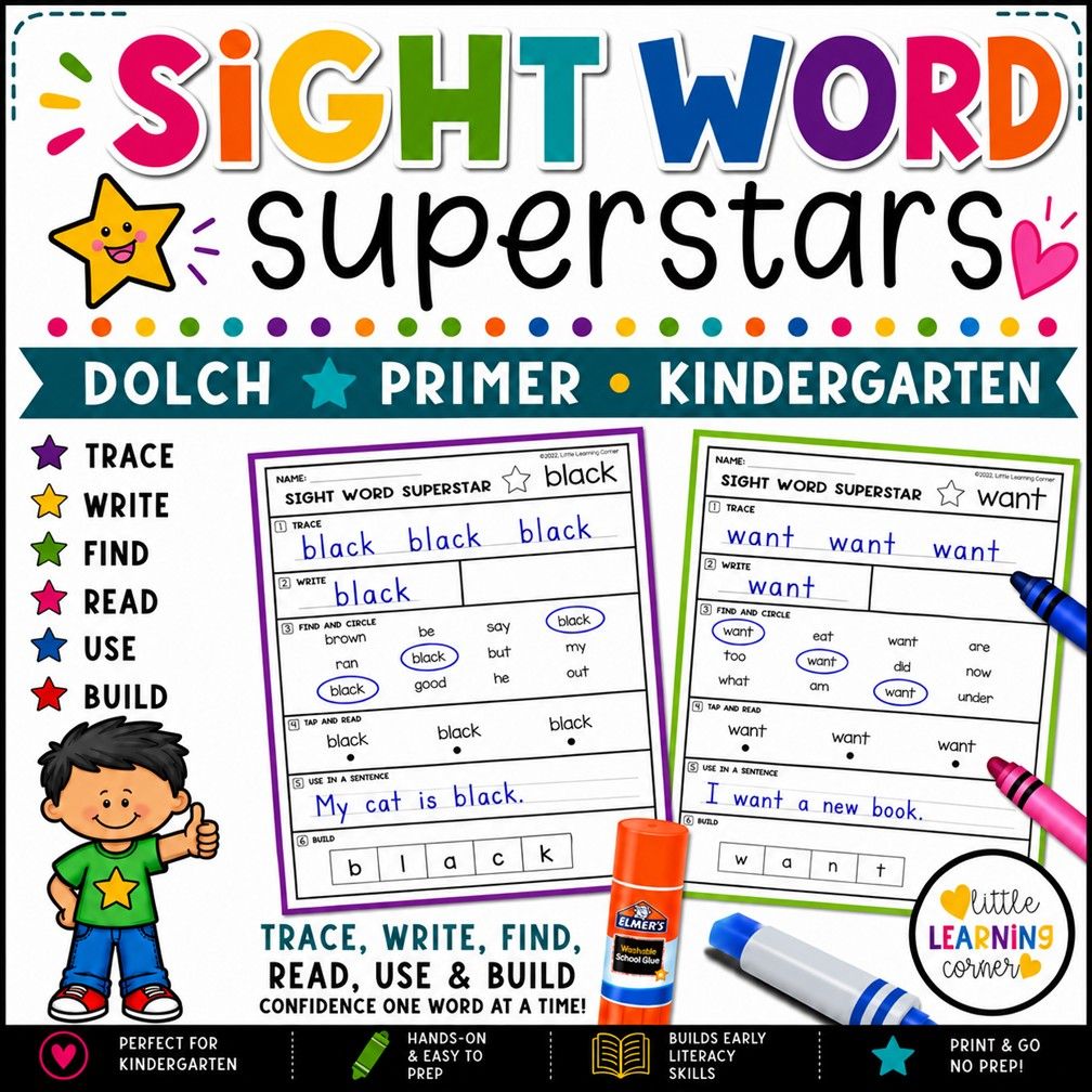 Sight Word Superstars DOLCH Primer | Kindergarten Practice Worksheets