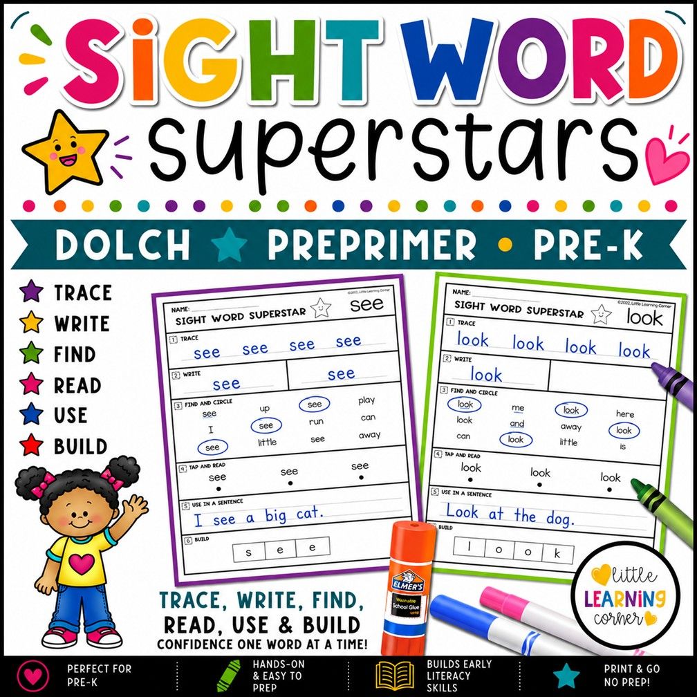 Sight Word Superstars DOLCH Pre-Primer | Pre-K Kindergarten Sight Words Practice Worksheets