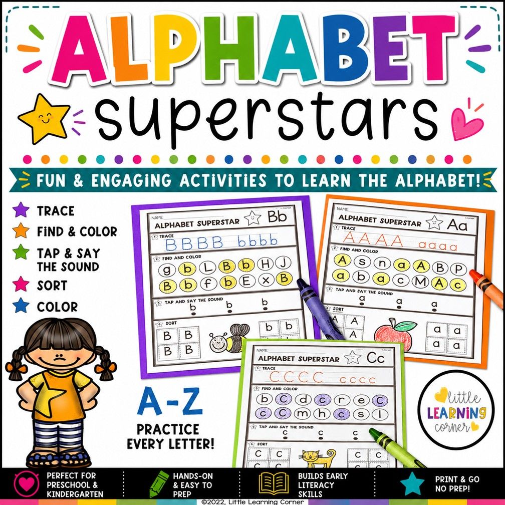 Alphabet Superstars Worksheets | Letters Beginning Sounds Tracing Practice