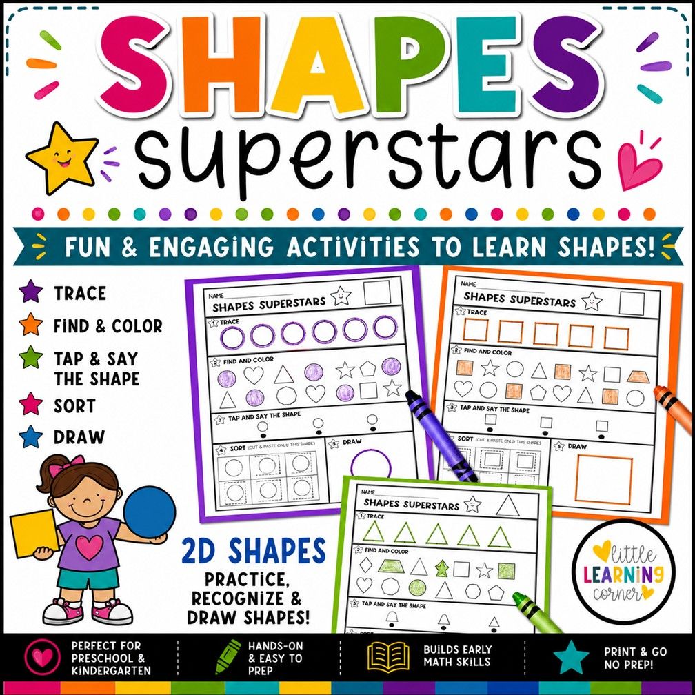 Shape Superstars | 2D Shapes Practice Worksheets Drawing Identification