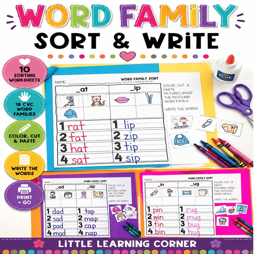 CVC Word Family Worksheets | Word Family Picture Sorts | Phonics Centers | Kindergarten Literacy