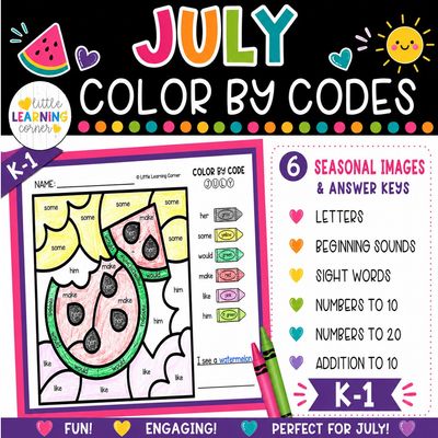 July Color by Codes | Summer July 4th Coloring Letters Numbers Sight Words Addition