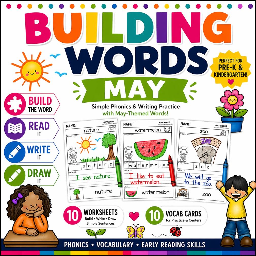 May Building Words | End of Year Summer Vocabulary Writing Center Activity | Prek-K Kindergarten