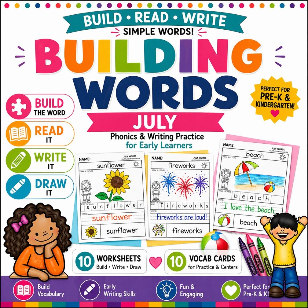 July Building Words | Summer Vocabulary Writing Center Activity Pre-K Kindergarten