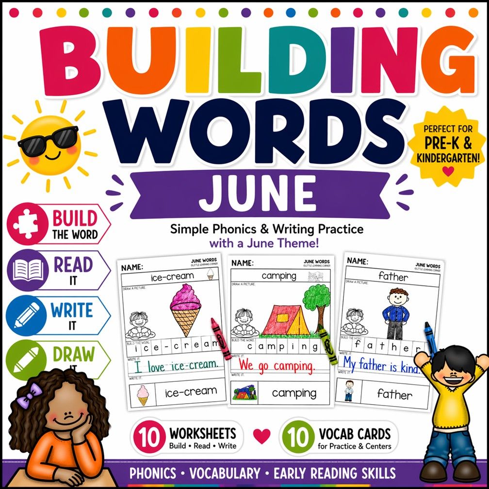 June Building Words | Summer Vocabulary Writing Center Activity | Pre-K  Kindergarten
