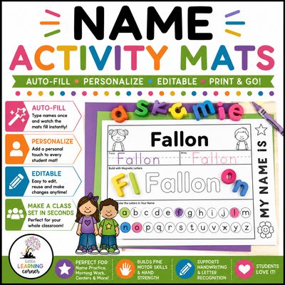 Editable Name Activity Mats | Hands-on Practice Worksheets Tracing Writing Building Center
