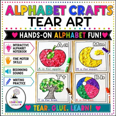Alphabet Crafts | Interactive Notebook | Tear Art | Beginning Sounds Letters Tracing