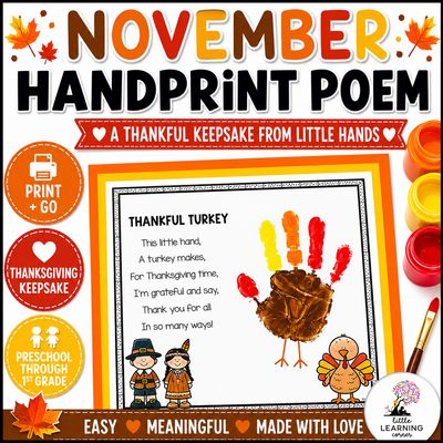 November Handprint Poem | Thanksgiving Turkey Keepsake Craft | Preschool Kindergarten First Grade