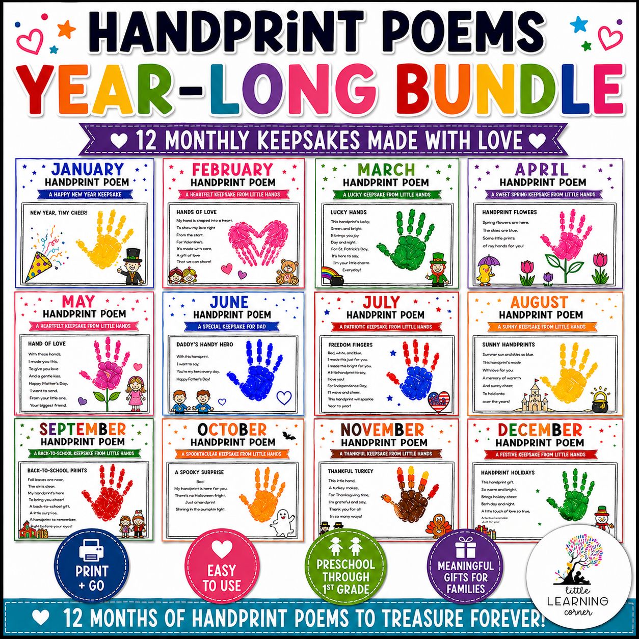Handprint Poems Bundle | Year-Long Keepsake Crafts for Preschool, Kindergarten, and First Grade
