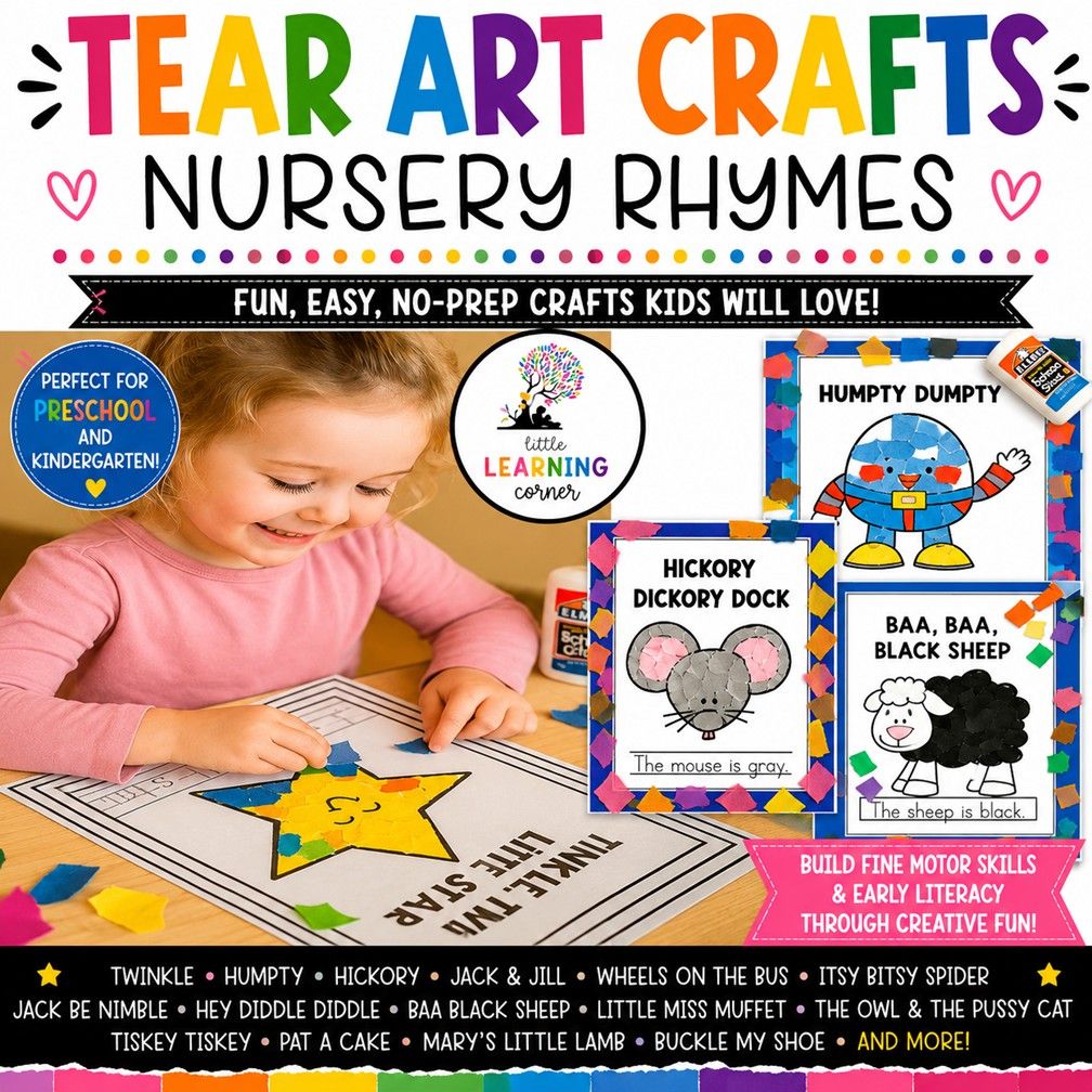 Nursery Rhymes Tear Art Crafts | Bundle | Coloring | Fine Motor Activities