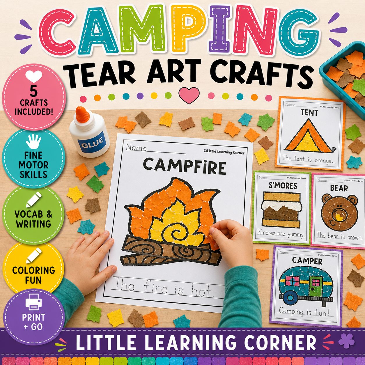 Camping Tear Art Crafts | Camping Crafts | Fine Motor | Bear Smores Campfire Camper Tent