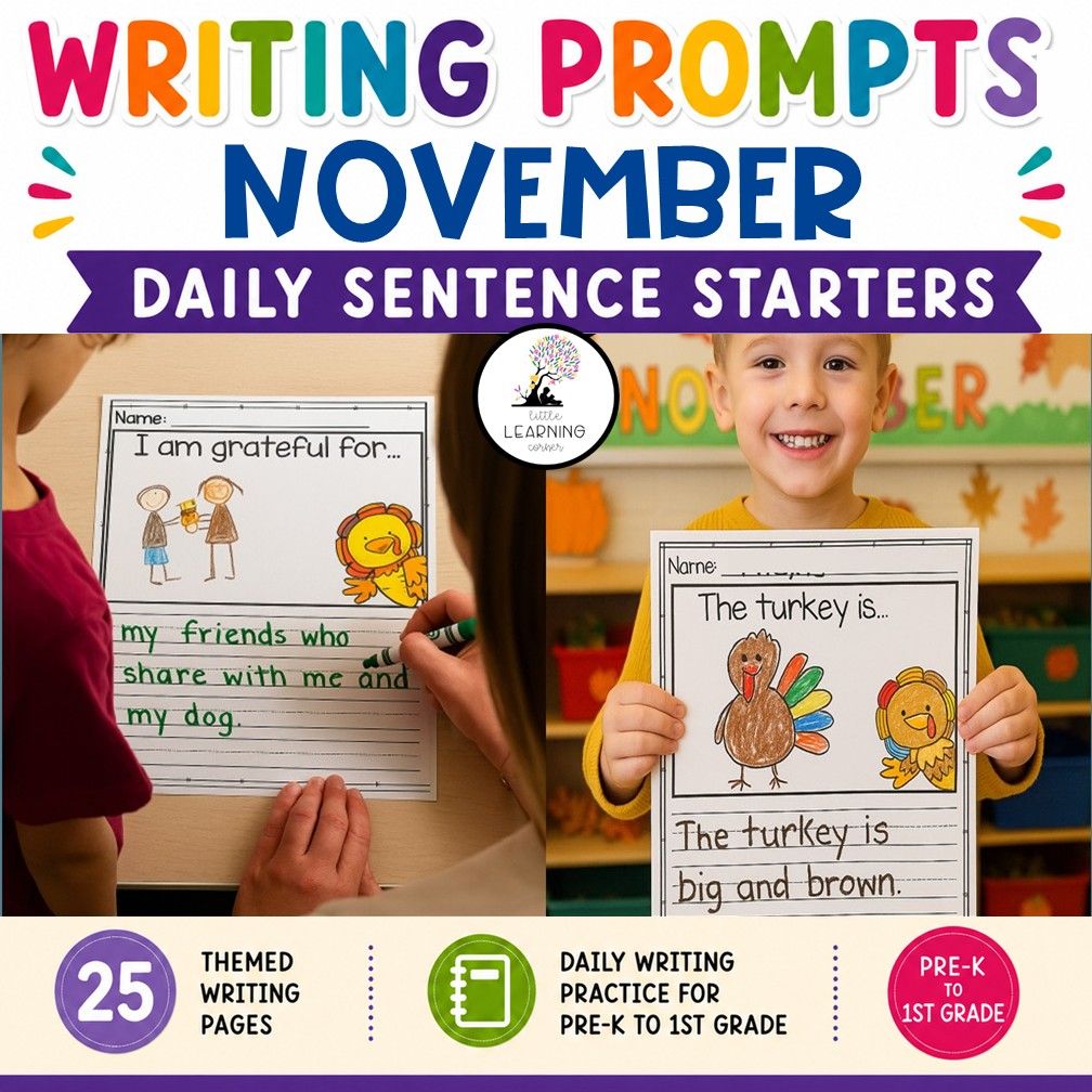 November Writing Prompts | Pre-K Kindergarten First Grade Journal Writing Prompts