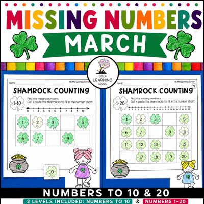 Missing Numbers Worksheets | MARCH St. Patrick's Day Math Center | Numbers to 10 Numbers to 20