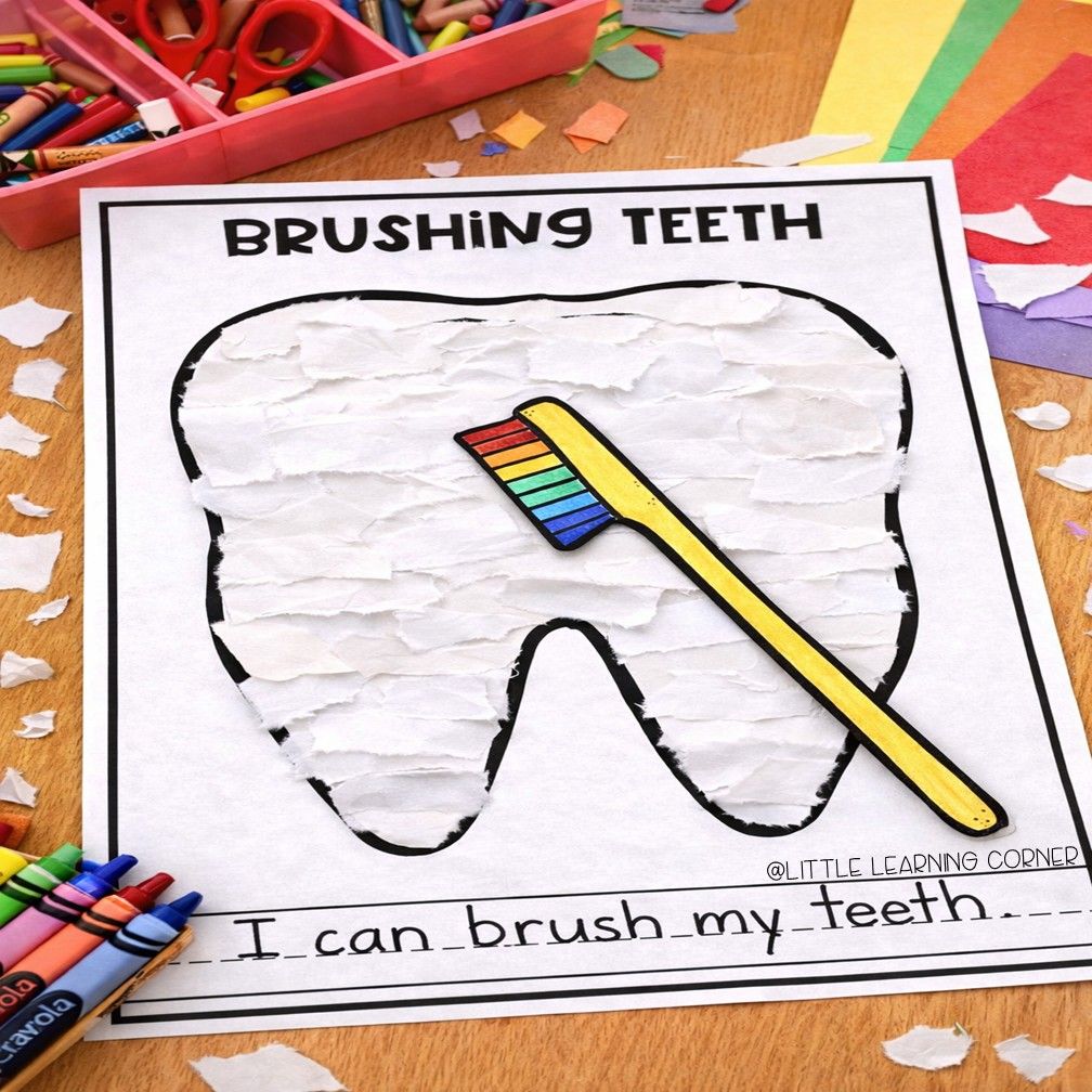 Brushing Teeth Tear Art Craft Writing Page | Tooth Coloring Page | Dental Health