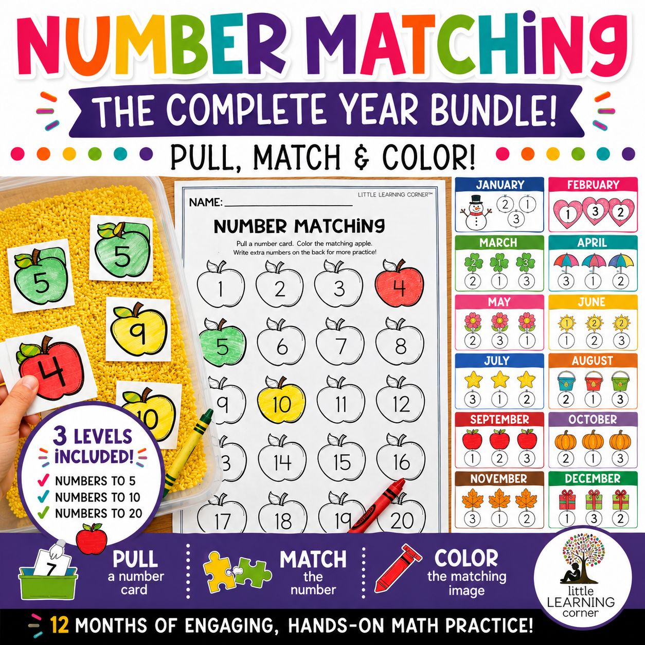 Number Matching Bundle | Year Long Math Centers for Preschool Pre-K TK Kindergarten